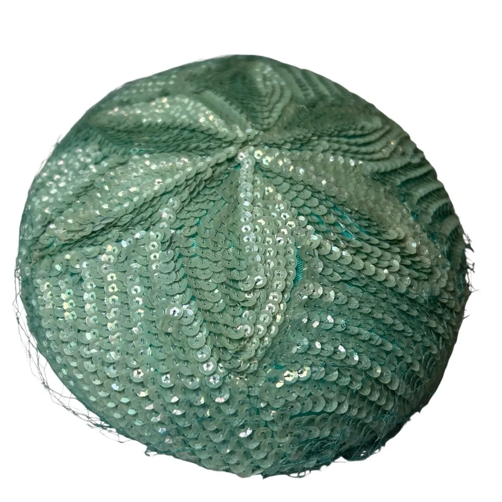 Baby Blue Teal All Sequins Flower Vintage Hat Sequin Cap – Star Pattern - Picture 3 of 7